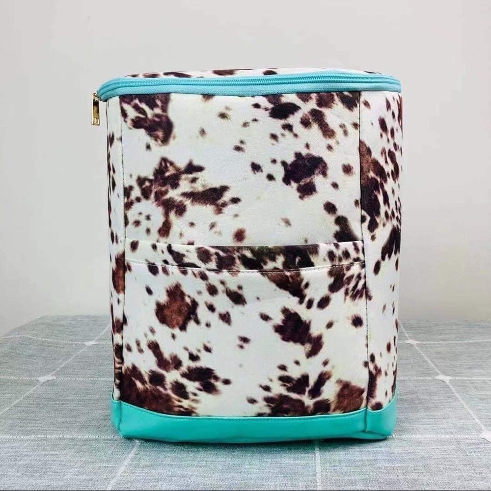 Western Cowhide Print Backpack Cooler with Turquoise Trim Insulated Lunch Bag